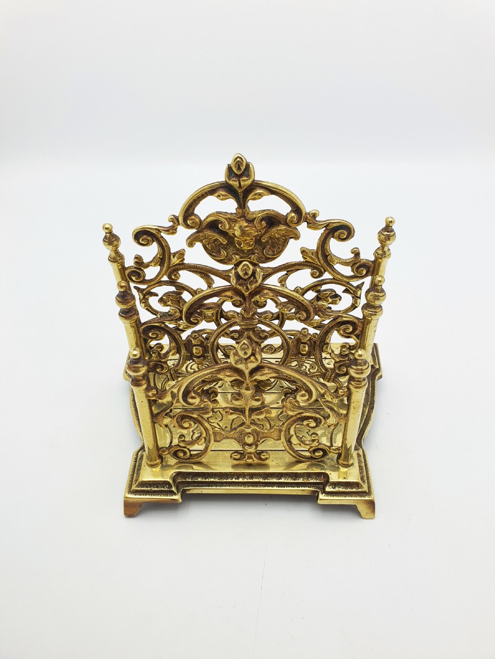 Nice Ornate Antique Victorian Brass Letter Rack with Cherub Motif – circa 1890 View V