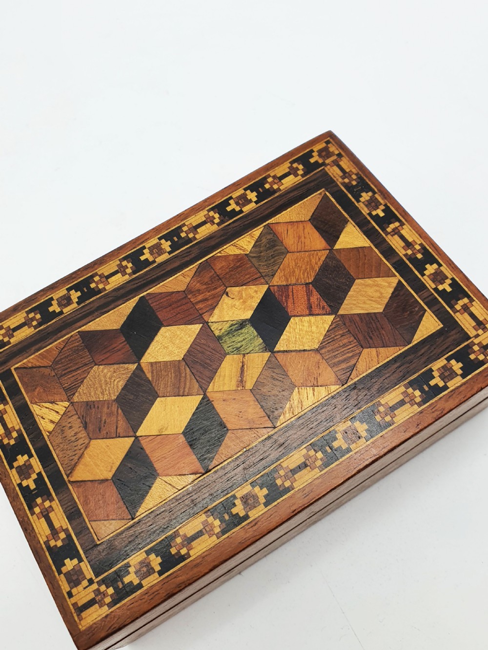 Antique Victorian Tunbridge Ware Card Box with Geometric Parquetry – circa 1880 View II
