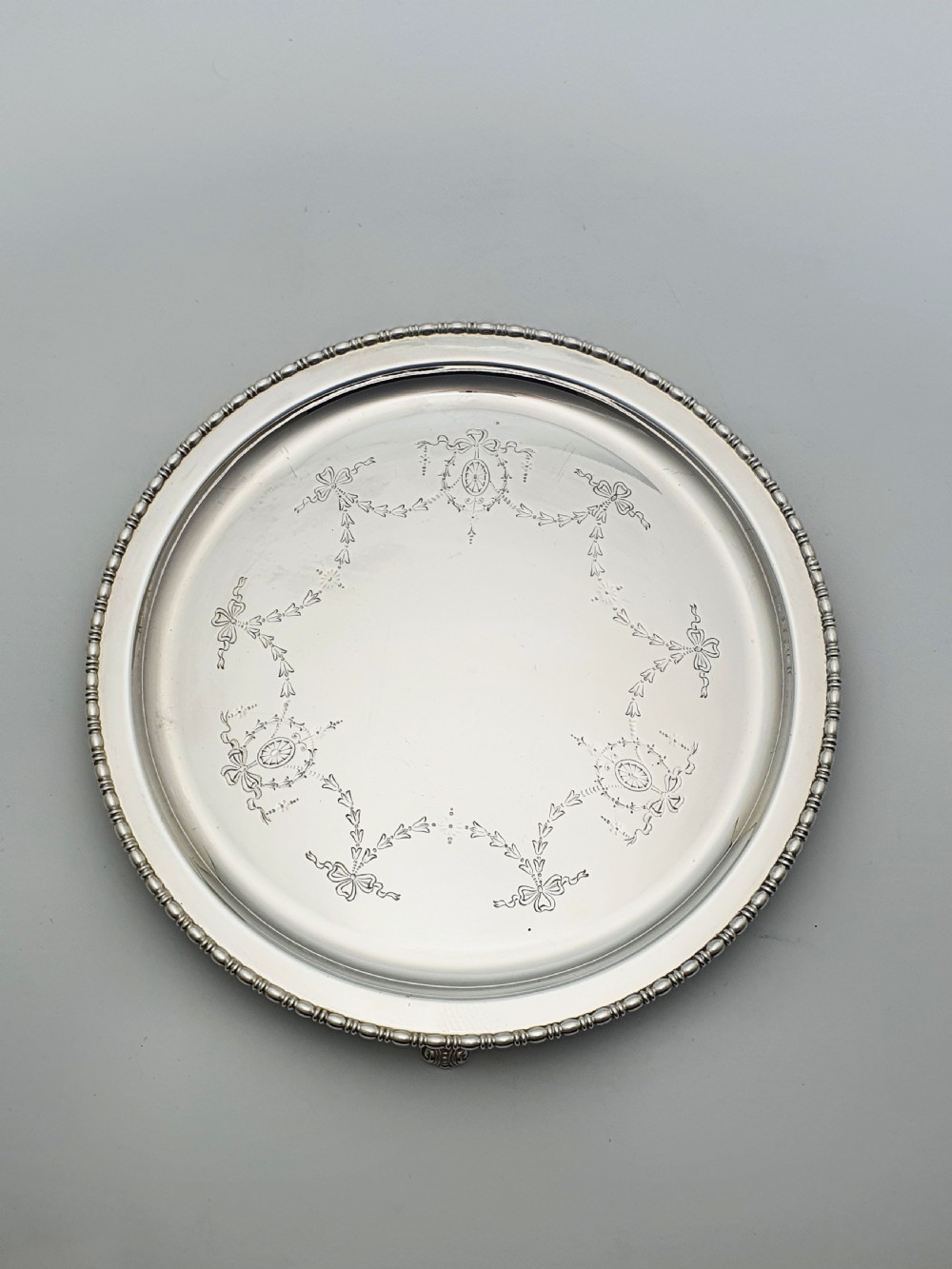 Nice Antique Silver-Plated Salver with Engraved Neoclassical Motif – circa 1905 View IV