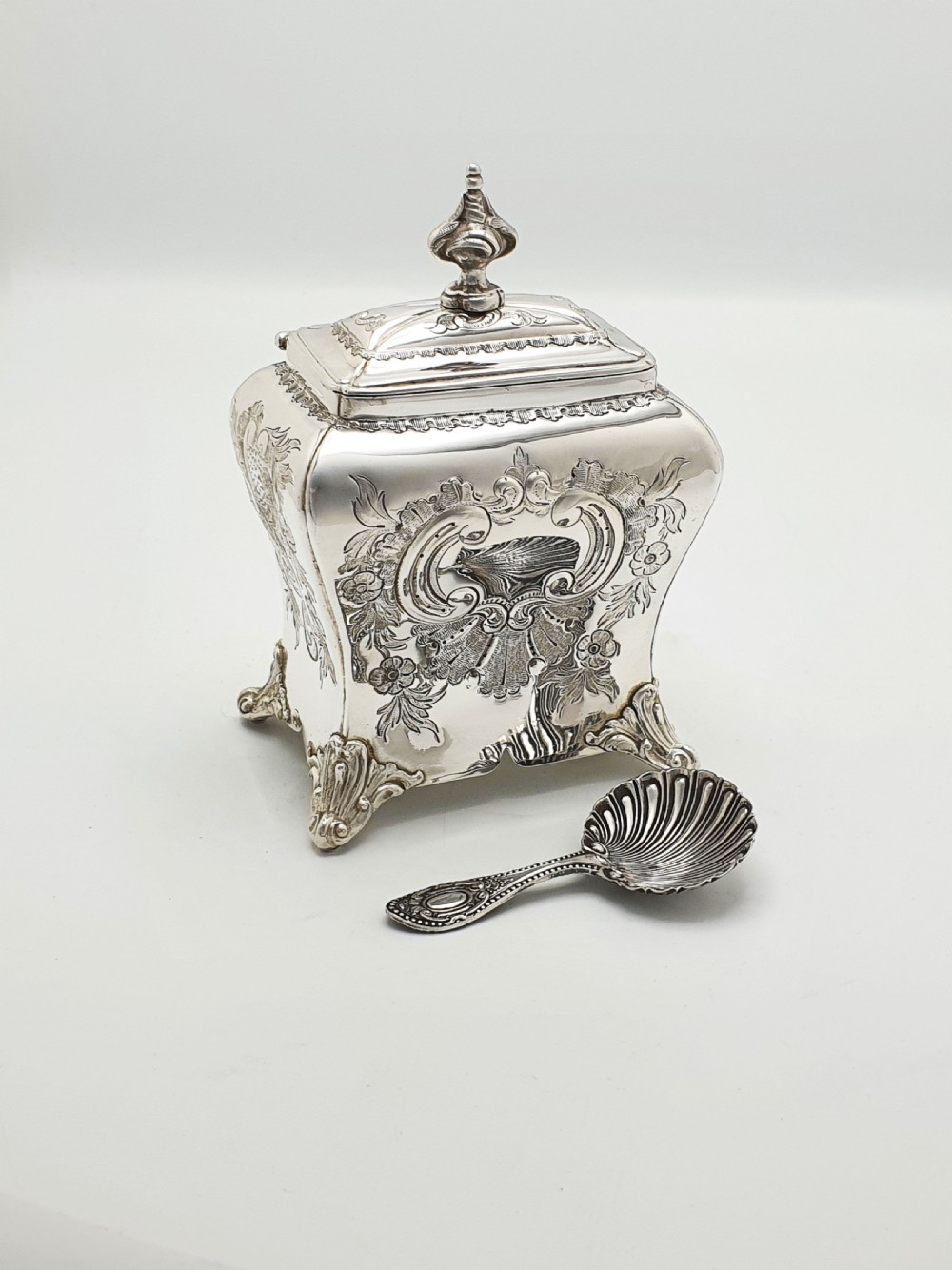 Lovely Antique Silver-Plated Tea Caddy with Shell Spoon – circa 1860 View VIII