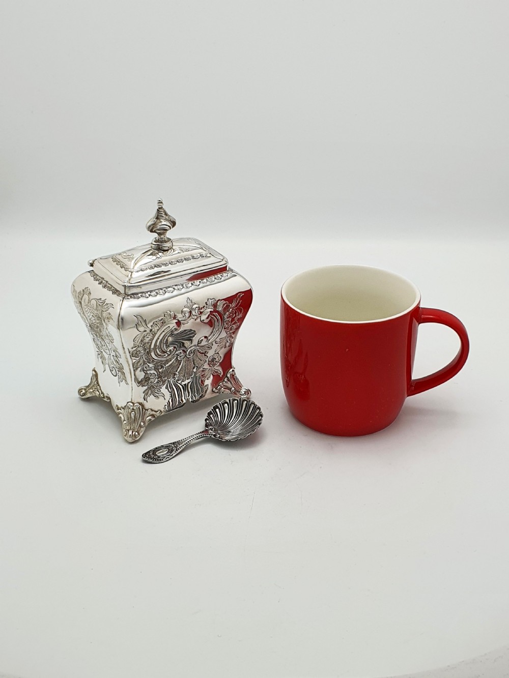 Lovely Antique Silver-Plated Tea Caddy with Shell Spoon – circa 1860 View XII