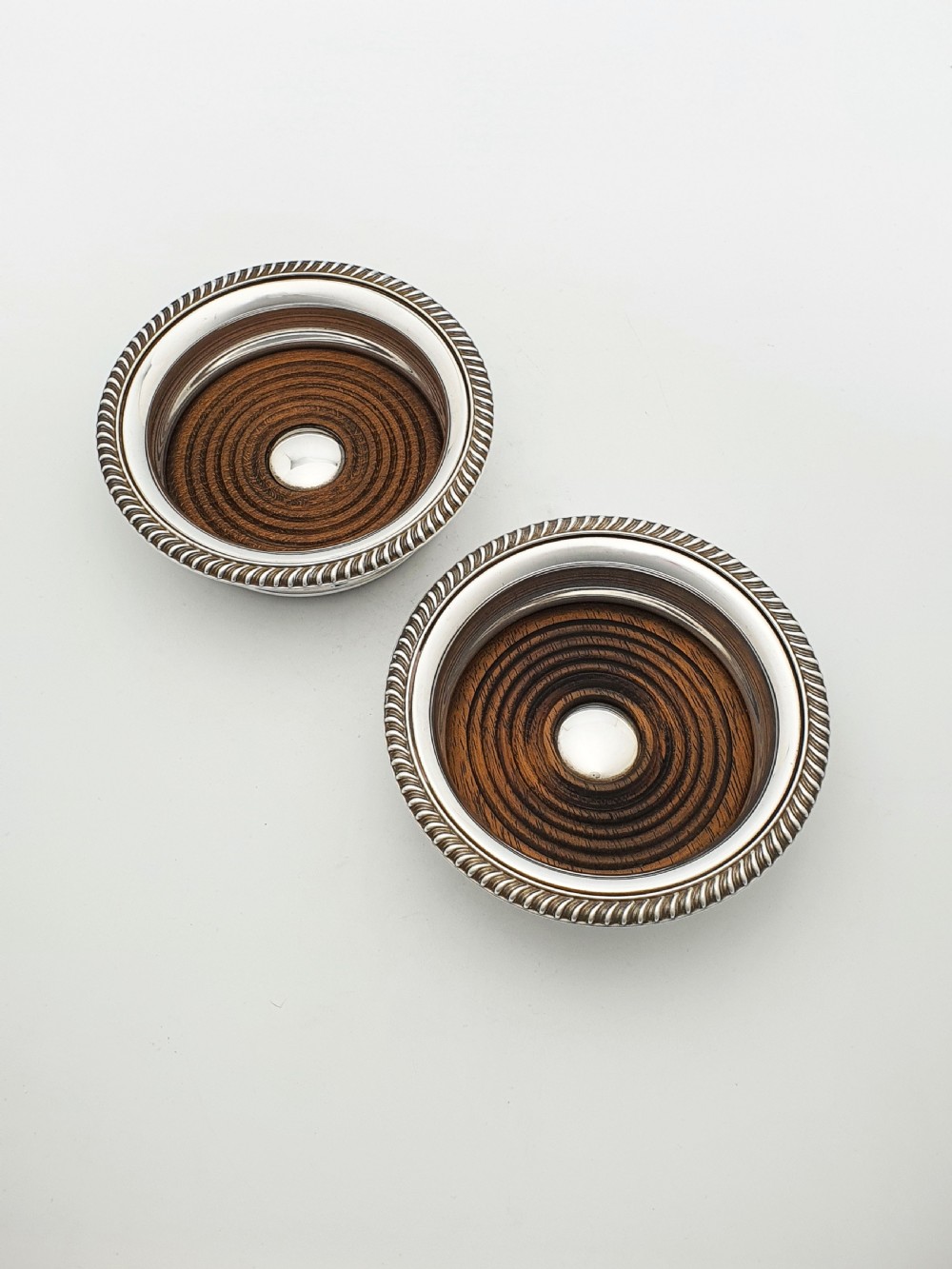 Nice Pair of Vintage Silver Plate and Oak Wine Coasters by Barker-Ellis – circa 1930 View II