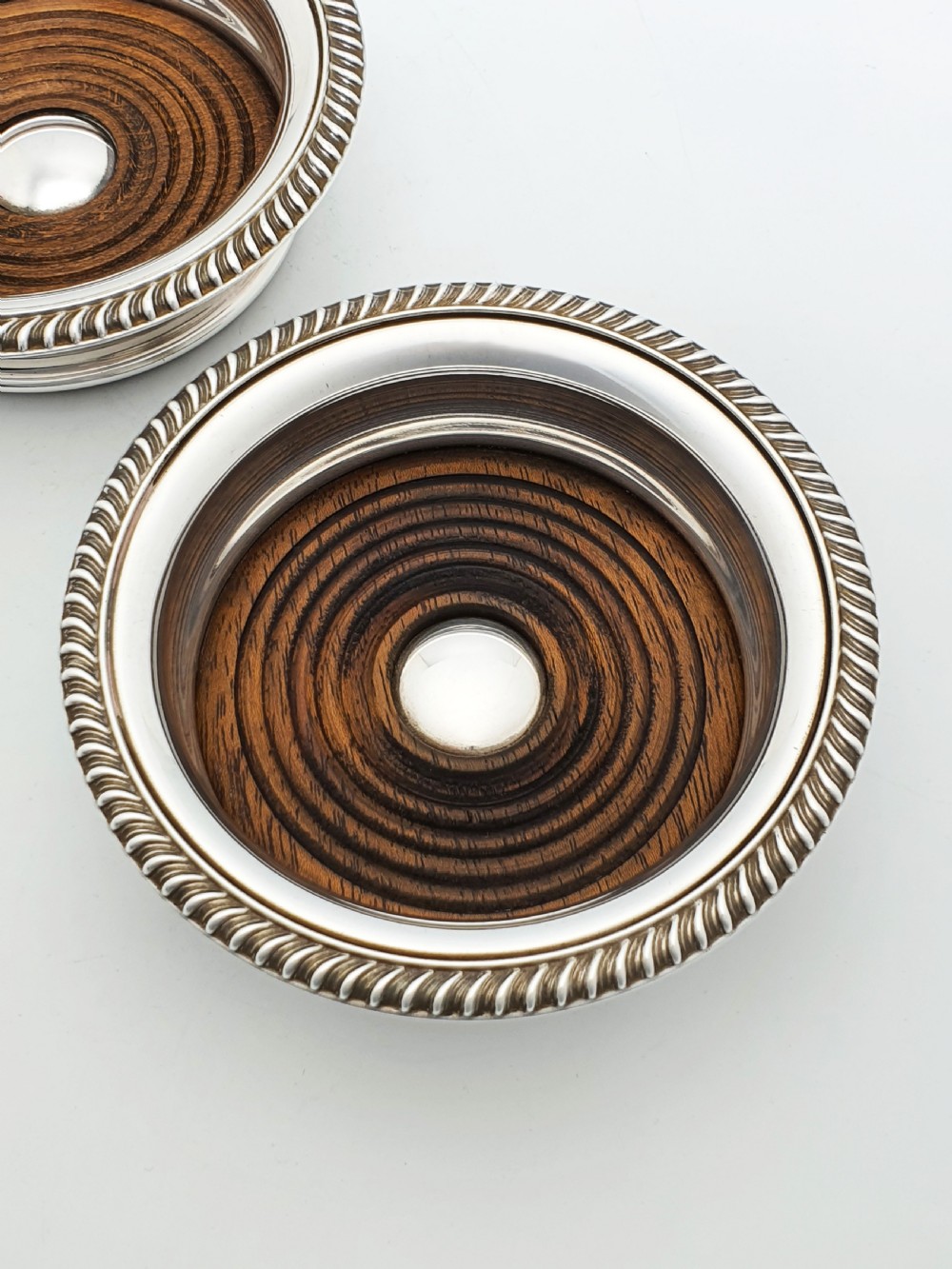 Nice Pair of Vintage Silver Plate and Oak Wine Coasters by Barker-Ellis – circa 1930 View III