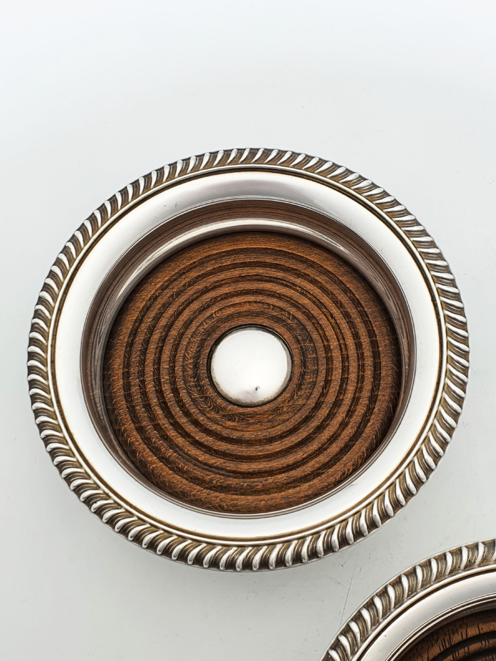 Nice Pair of Vintage Silver Plate and Oak Wine Coasters by Barker-Ellis – circa 1930 View IV