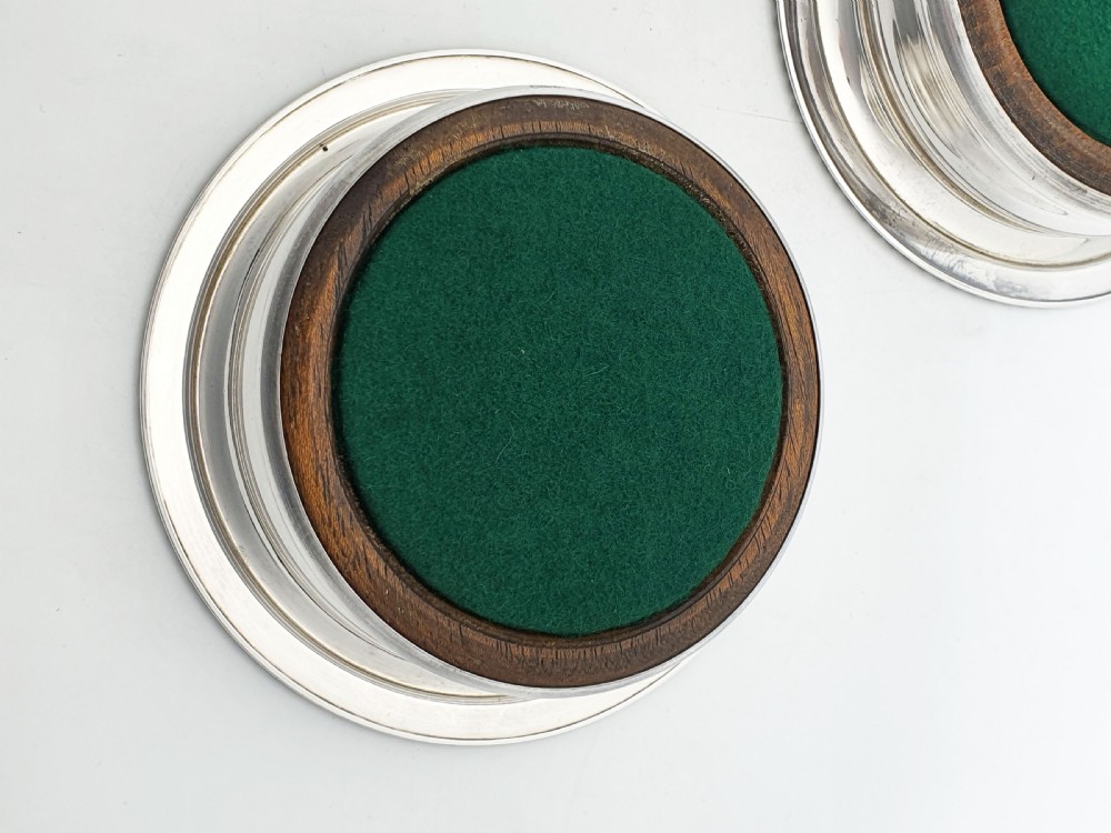 Nice Pair of Vintage Silver Plate and Oak Wine Coasters by Barker-Ellis – circa 1930 View VI