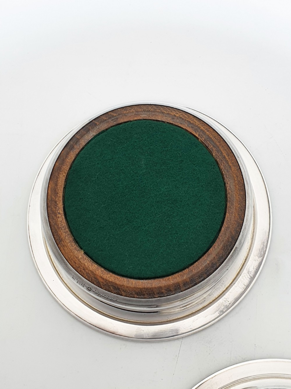 Nice Pair of Vintage Silver Plate and Oak Wine Coasters by Barker-Ellis – circa 1930 View VII