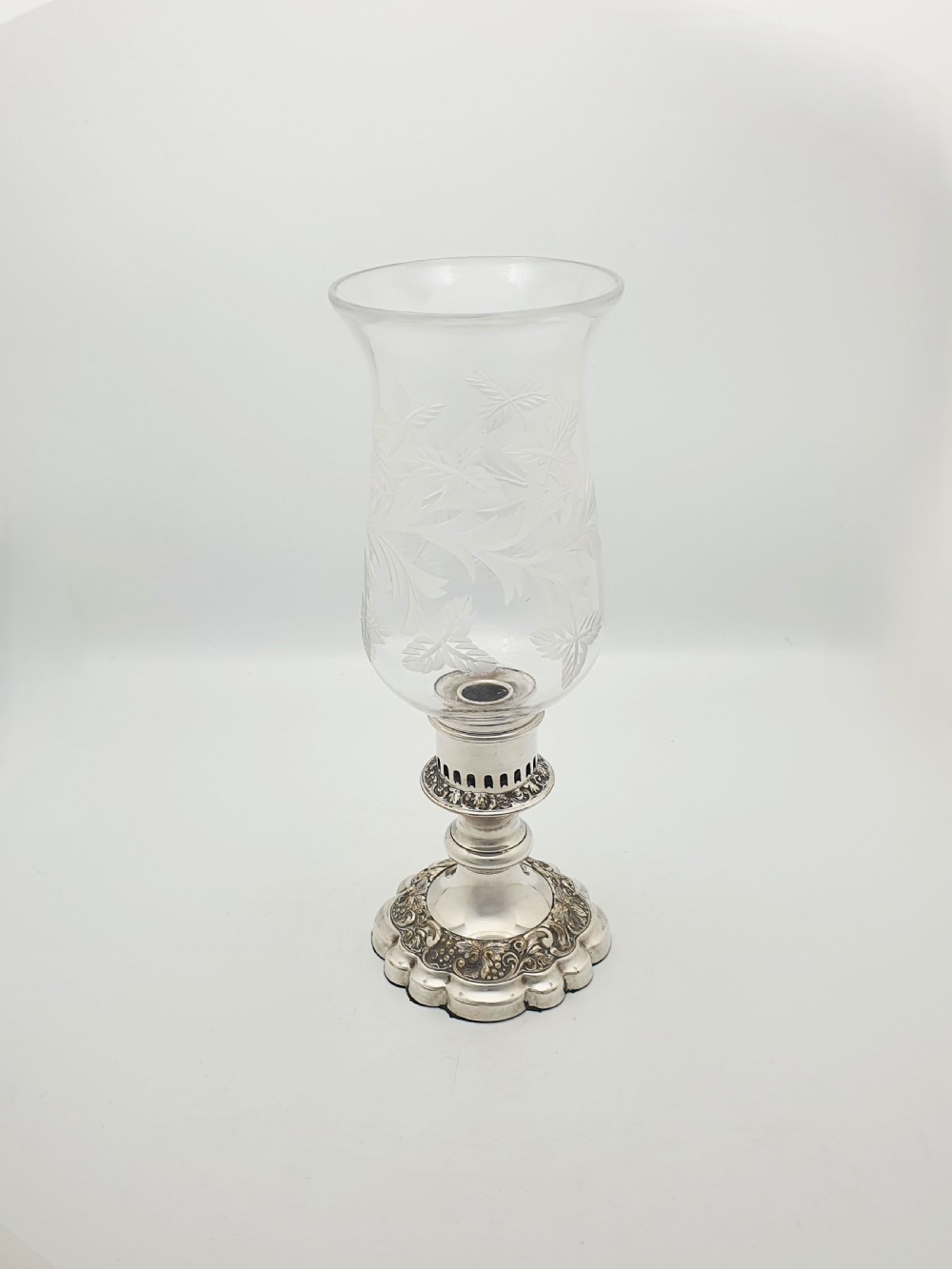 Antique Silver Plated Hurricane Lamp with Etched Glass Shade – circa 1920 View II