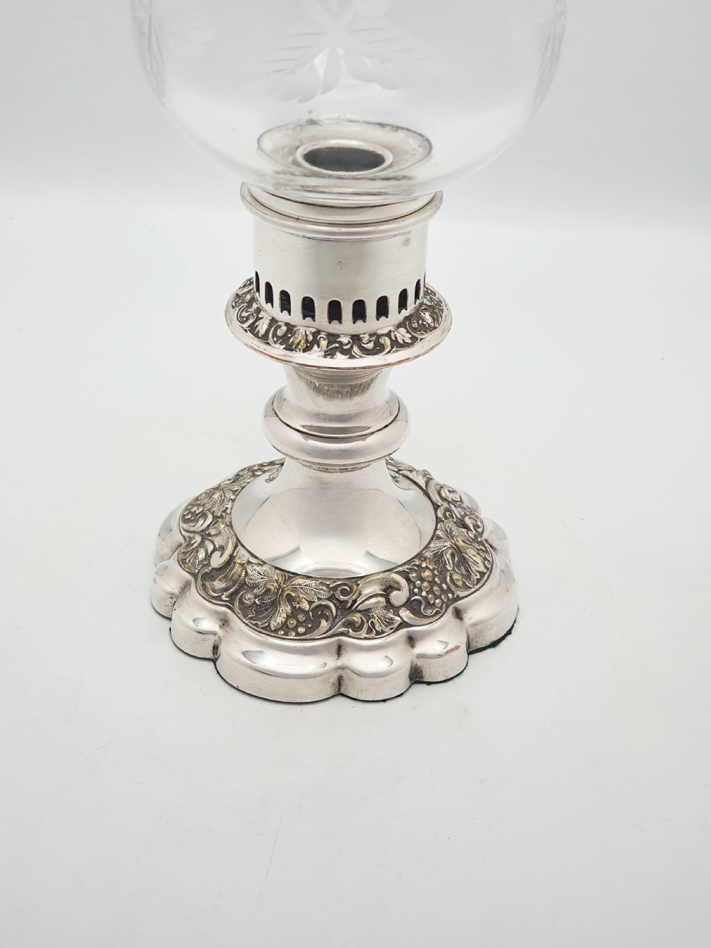 Antique Silver Plated Hurricane Lamp with Etched Glass Shade – circa 1920 View III