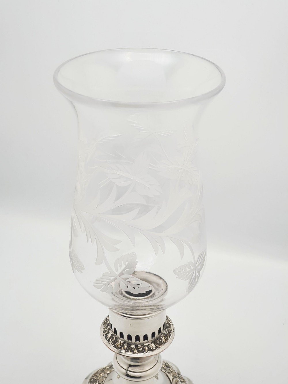 Antique Silver Plated Hurricane Lamp with Etched Glass Shade – circa 1920 View IV