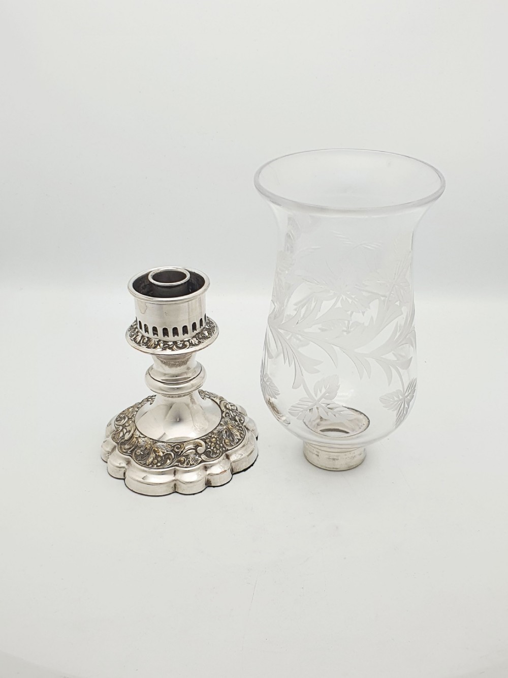 Antique Silver Plated Hurricane Lamp with Etched Glass Shade – circa 1920 View VII