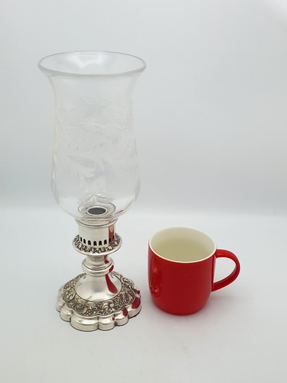 Antique Silver Plated Hurricane Lamp with Etched Glass Shade – circa 1920 View VIII
