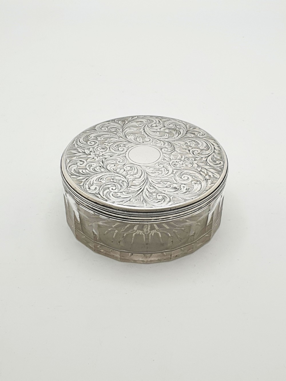 Early Victorian Cut Glass Jar with Engraved Sterling Silver Lid - 1855 View II