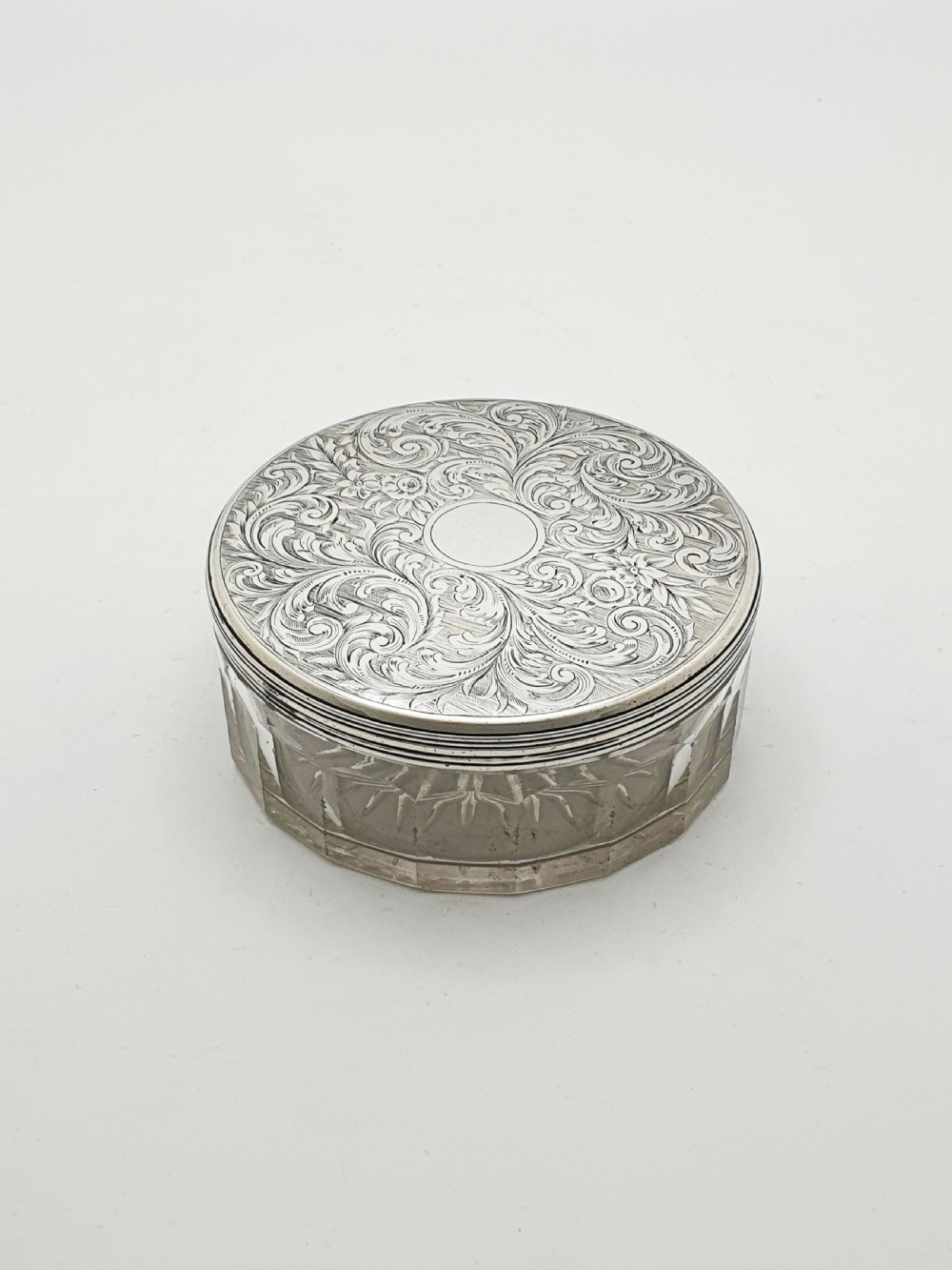 Early Victorian Cut Glass Jar with Engraved Sterling Silver Lid - 1855 View III