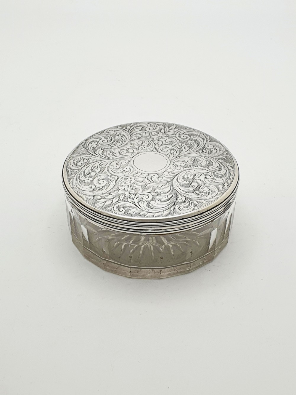 Early Victorian Cut Glass Jar with Engraved Sterling Silver Lid - 1855 View V