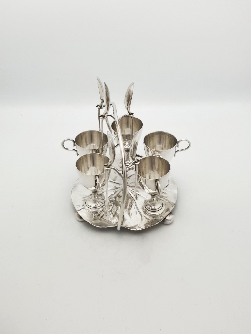 Gorgeous Victorian Silver-Plated Lily Pad Egg Cruet Set for Five – circa 1890 View III