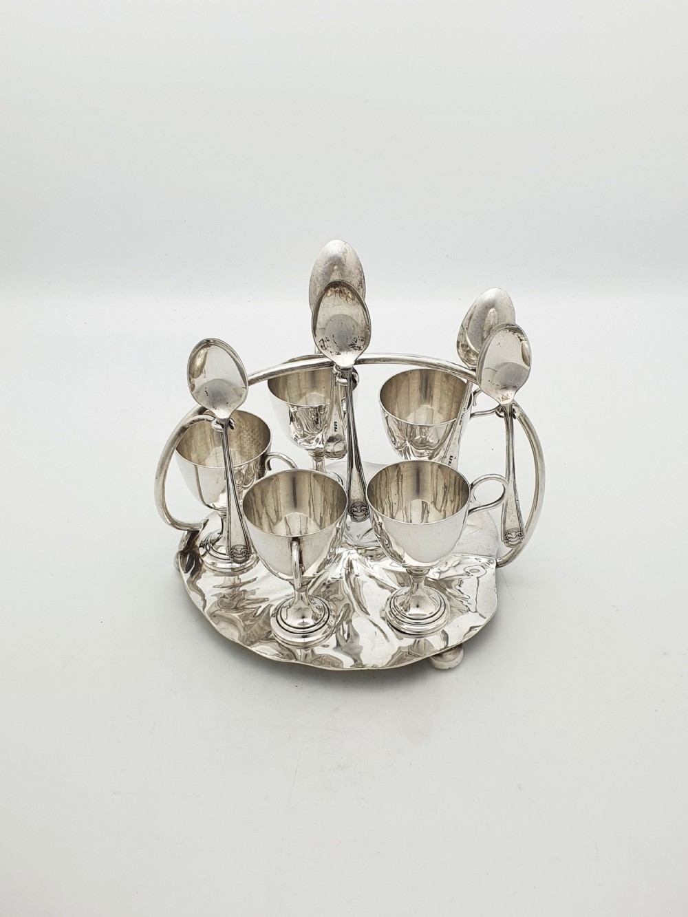 Gorgeous Victorian Silver-Plated Lily Pad Egg Cruet Set for Five – circa 1890 View IV