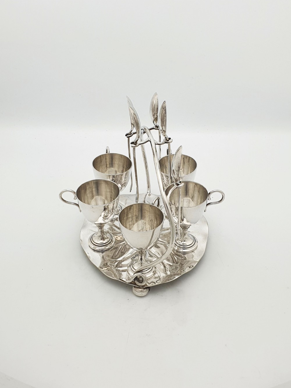 Gorgeous Victorian Silver-Plated Lily Pad Egg Cruet Set for Five – circa 1890 View V