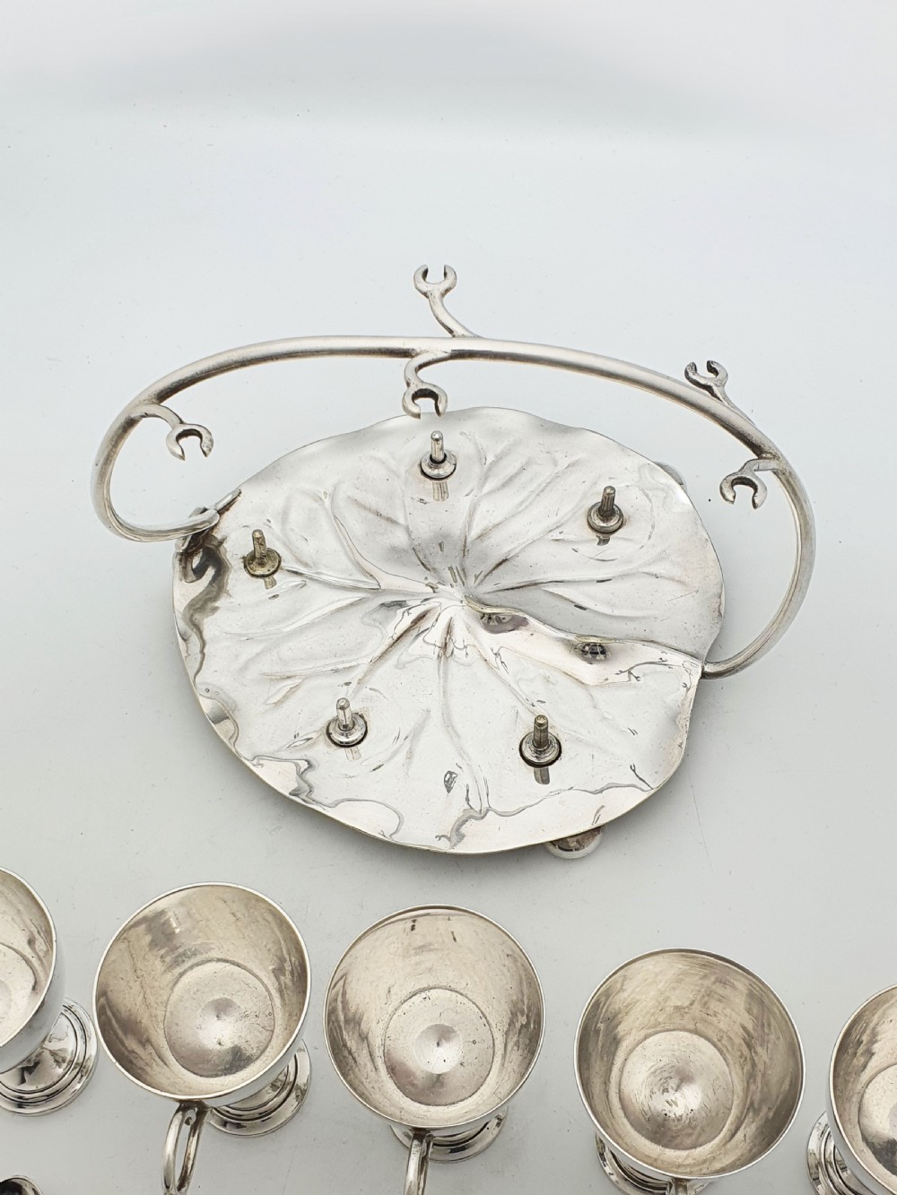Gorgeous Victorian Silver-Plated Lily Pad Egg Cruet Set for Five – circa 1890 View VII