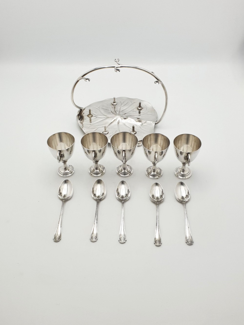 Gorgeous Victorian Silver-Plated Lily Pad Egg Cruet Set for Five – circa 1890 View VIII
