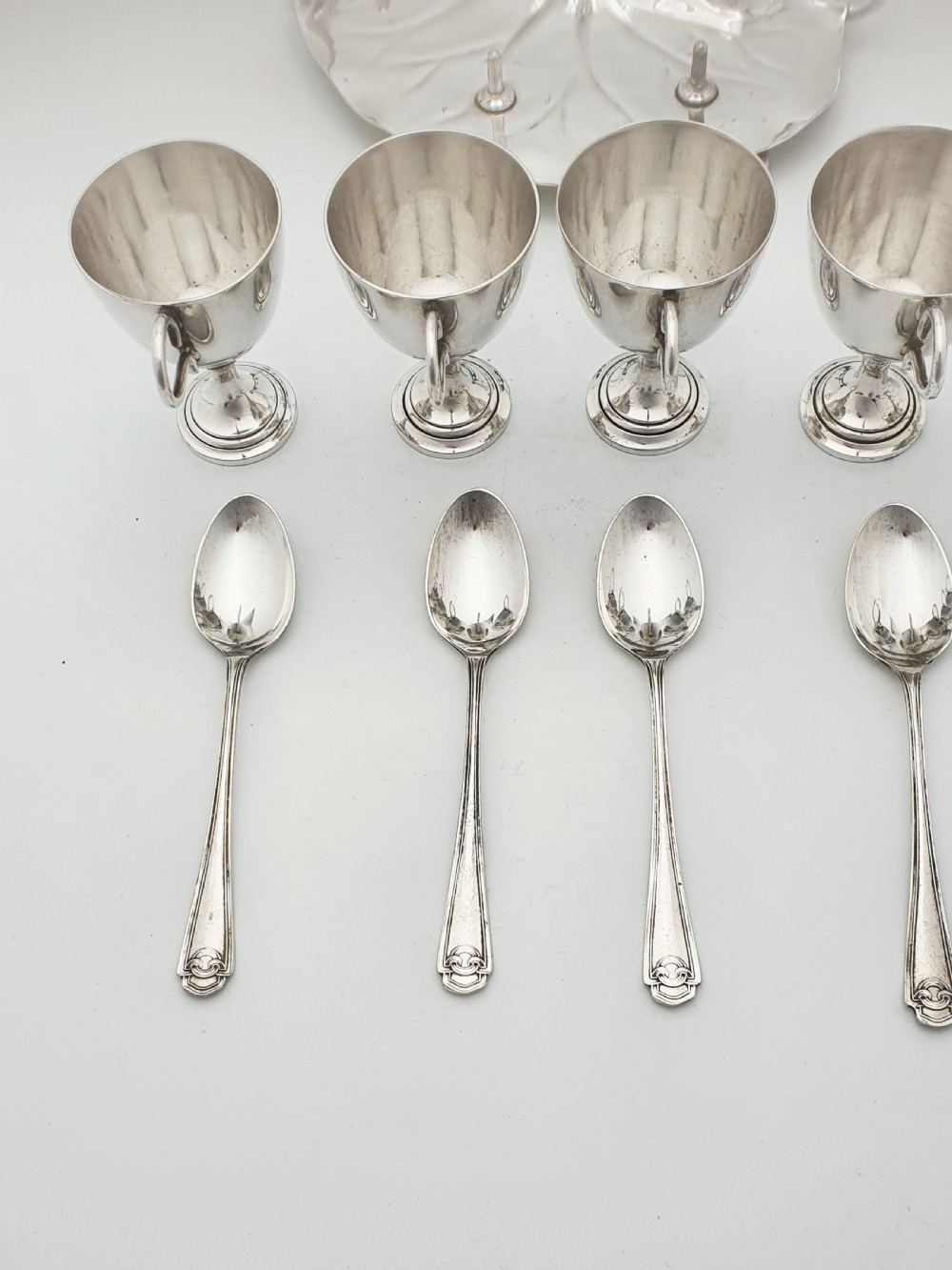 Gorgeous Victorian Silver-Plated Lily Pad Egg Cruet Set for Five – circa 1890 View IX