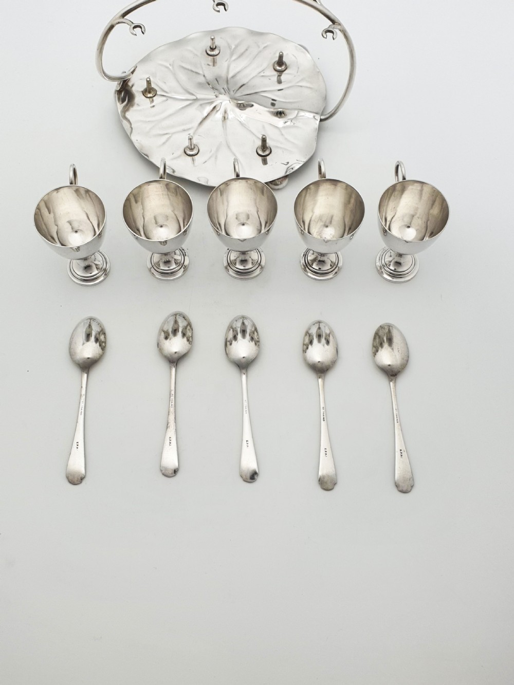 Gorgeous Victorian Silver-Plated Lily Pad Egg Cruet Set for Five – circa 1890 View X