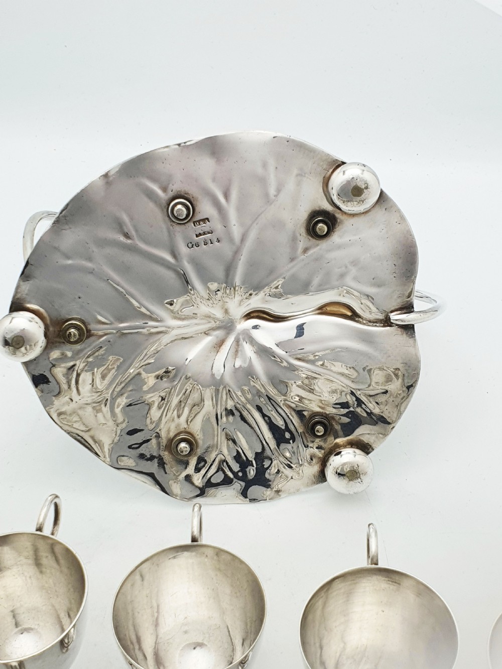 Gorgeous Victorian Silver-Plated Lily Pad Egg Cruet Set for Five – circa 1890 View XI