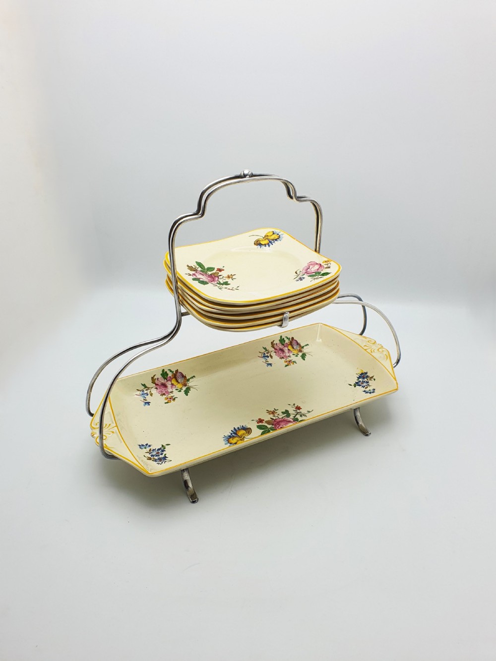 Splendid Woods Ivory Ware Floral Sandwich Set on Silver Plated Stand – circa 1930