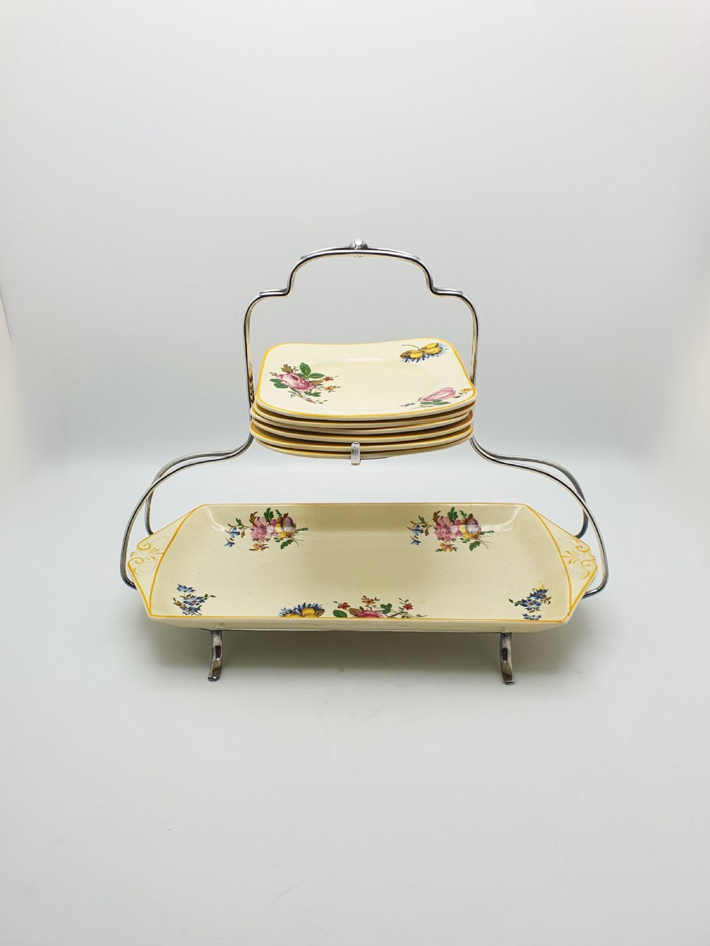 Splendid Woods Ivory Ware Floral Sandwich Set on Silver Plated Stand – circa 1930 View II