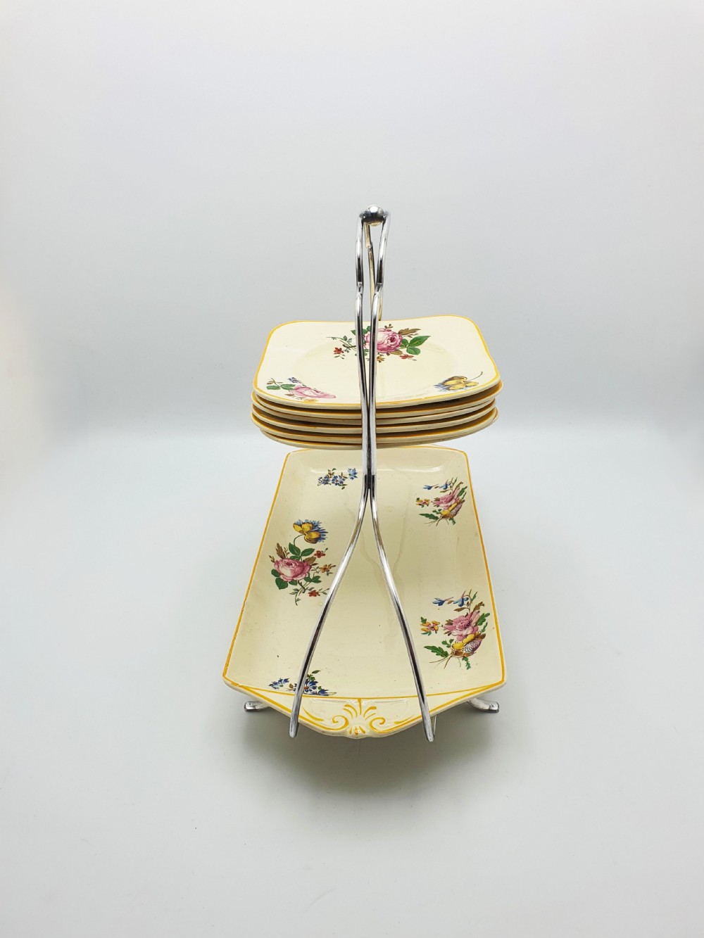 Splendid Woods Ivory Ware Floral Sandwich Set on Silver Plated Stand – circa 1930 View III