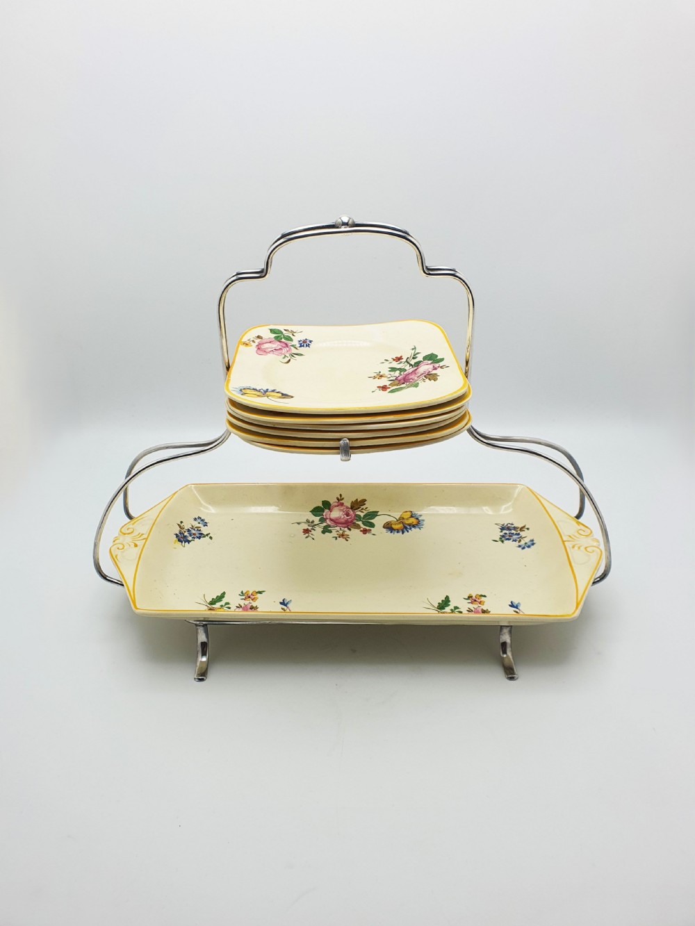 Splendid Woods Ivory Ware Floral Sandwich Set on Silver Plated Stand – circa 1930 View IV
