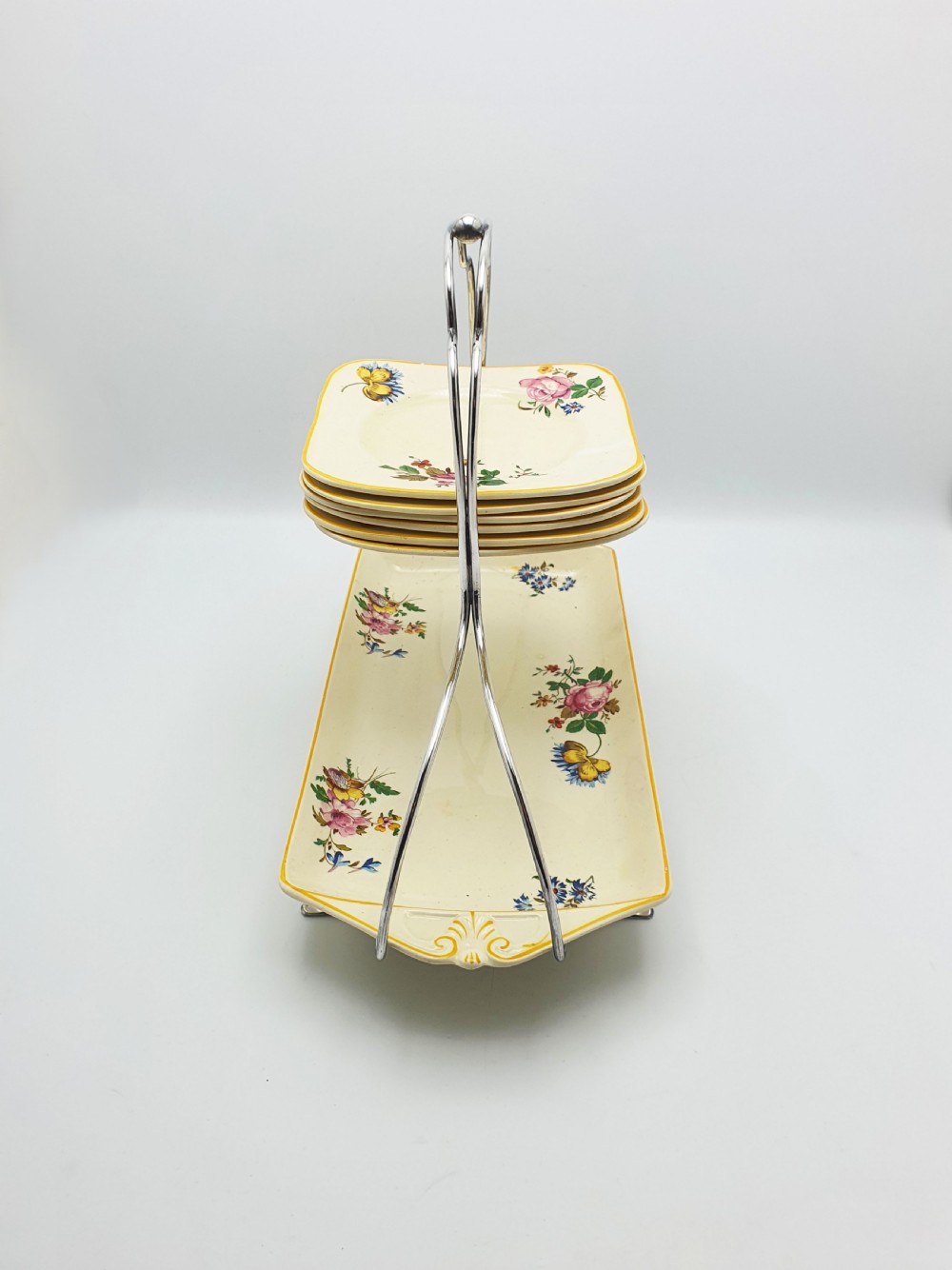 Splendid Woods Ivory Ware Floral Sandwich Set on Silver Plated Stand – circa 1930 View V