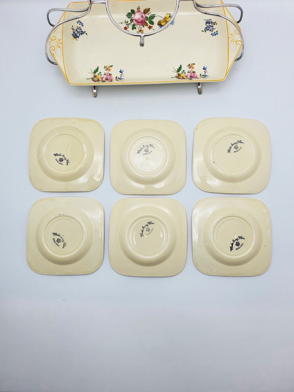Splendid Woods Ivory Ware Floral Sandwich Set on Silver Plated Stand – circa 1930 View X