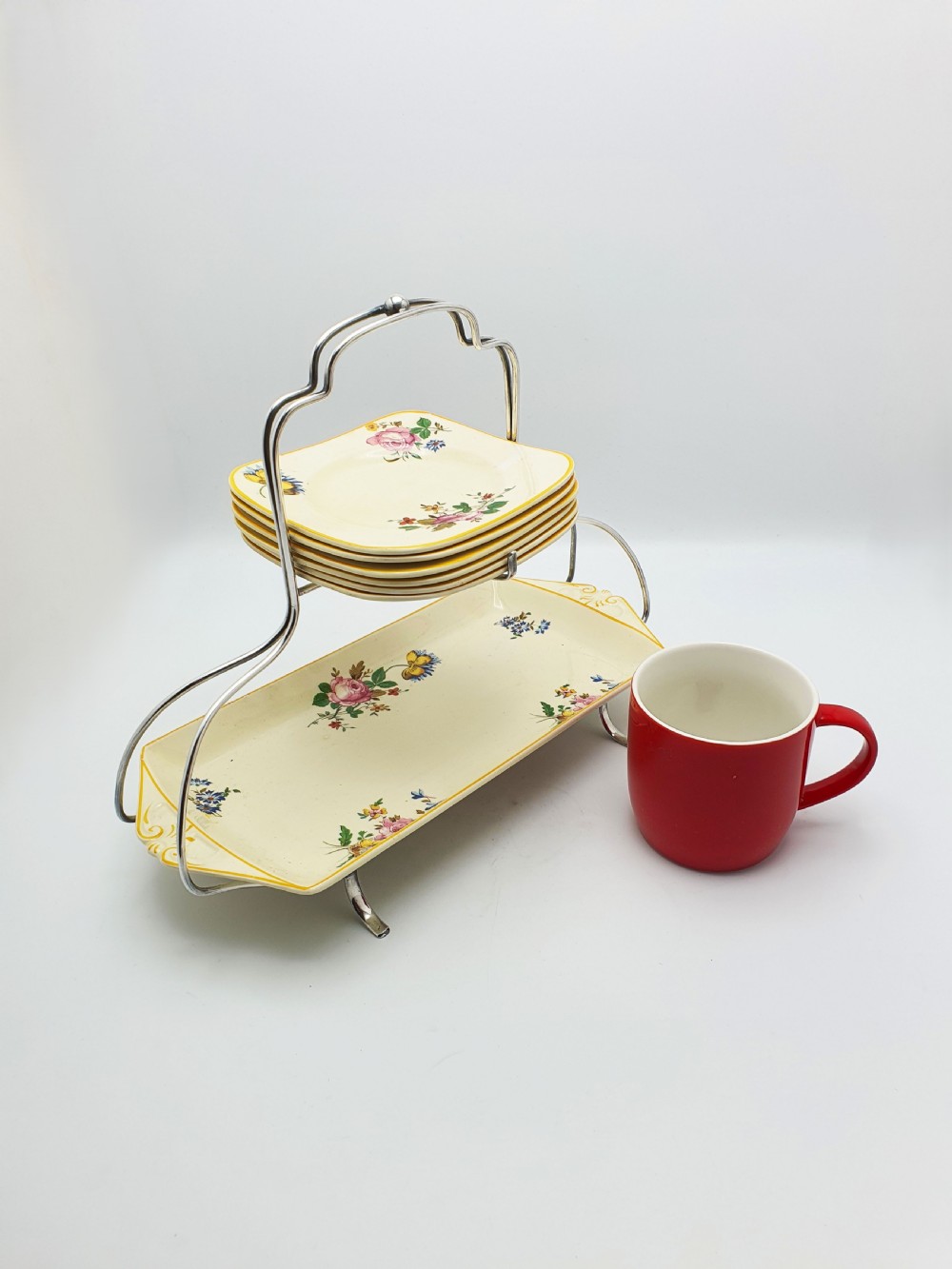 Splendid Woods Ivory Ware Floral Sandwich Set on Silver Plated Stand – circa 1930 View XIII