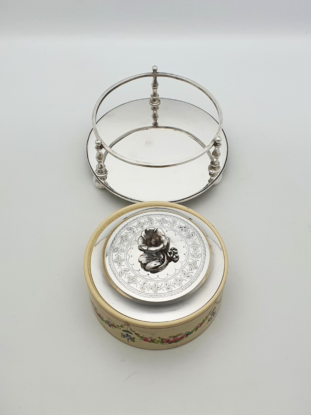 Antique Victorian Hand-Painted Ceramic and Silver Plate Serving Dish – circa 1890 View IV
