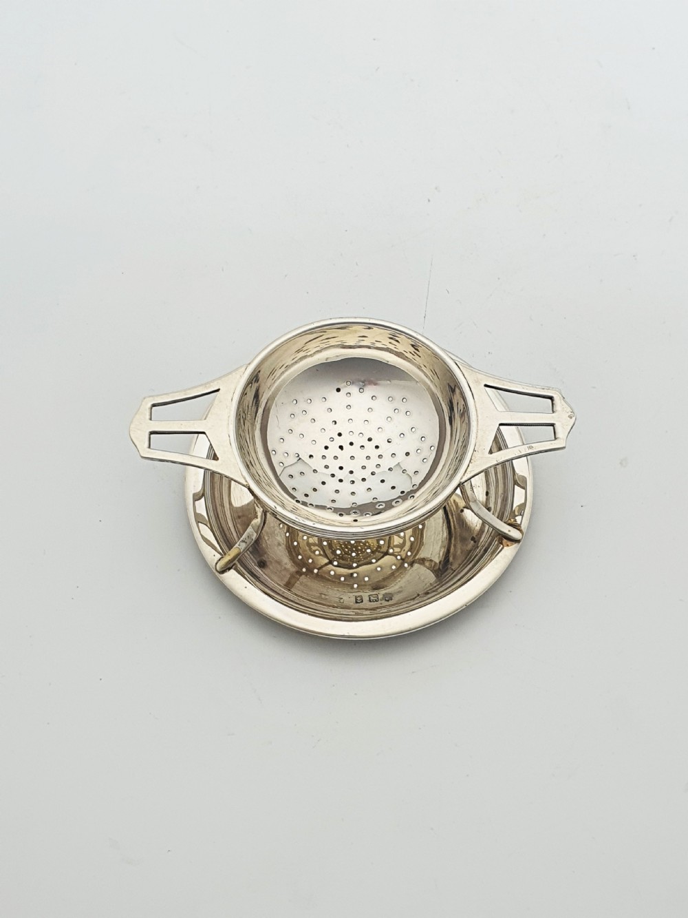 Pretty Antique Sterling Silver Tea Strainer with Drip Bowl - 1923