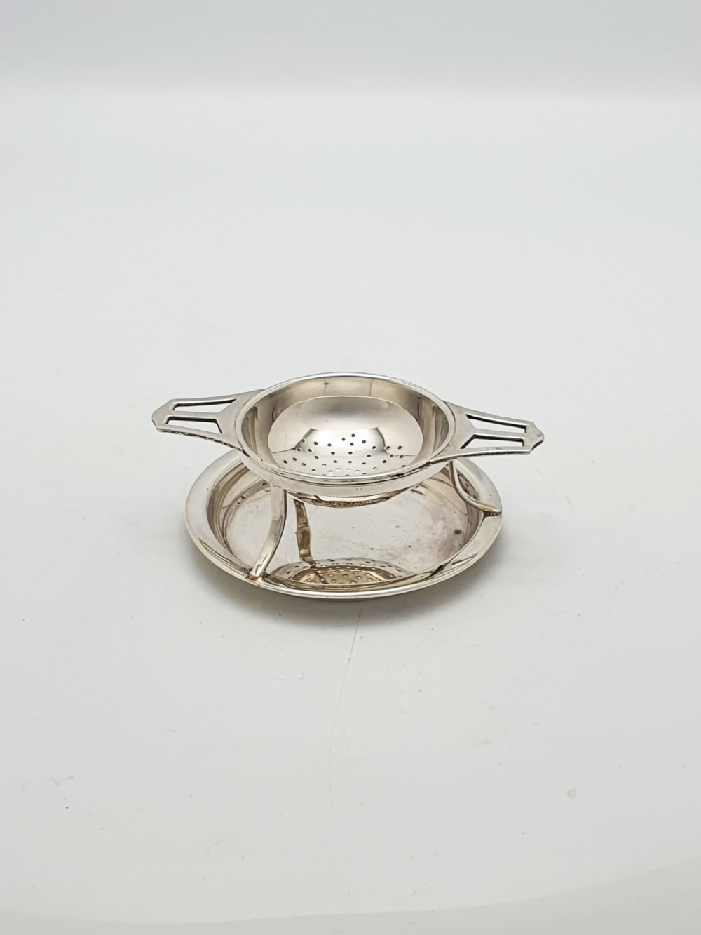 Pretty Antique Sterling Silver Tea Strainer with Drip Bowl - 1923 View II