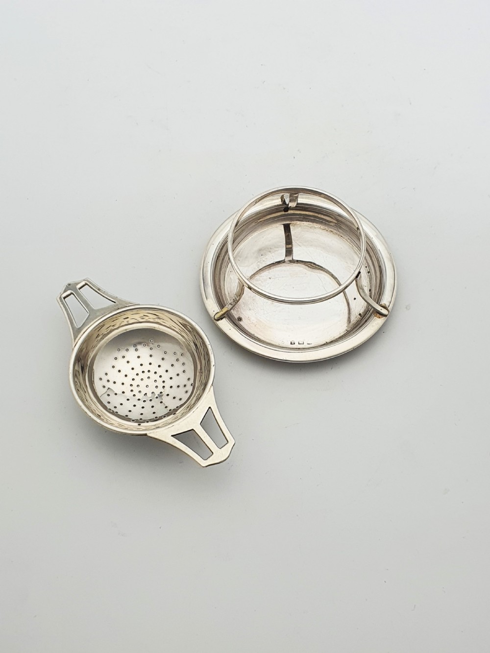 Pretty Antique Sterling Silver Tea Strainer with Drip Bowl - 1923 View III