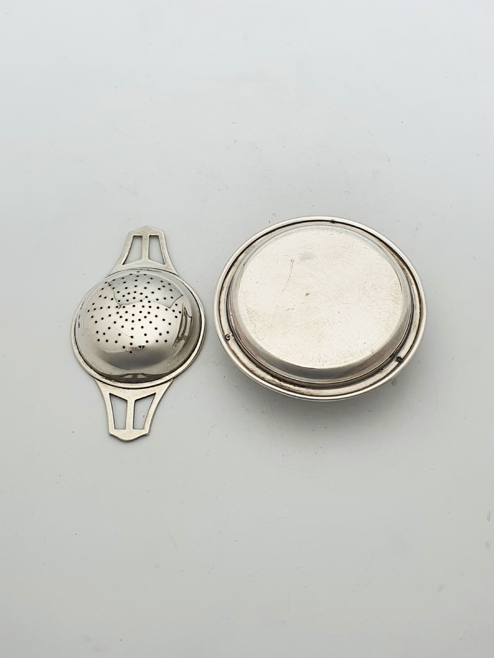 Pretty Antique Sterling Silver Tea Strainer with Drip Bowl - 1923 View IV