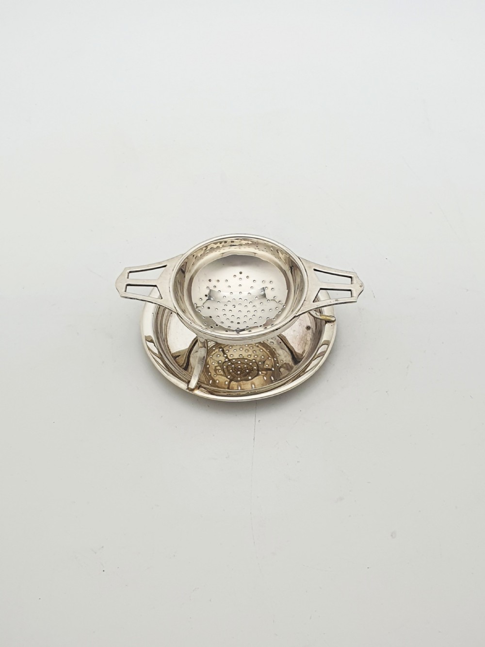 Pretty Antique Sterling Silver Tea Strainer with Drip Bowl - 1923 View VI