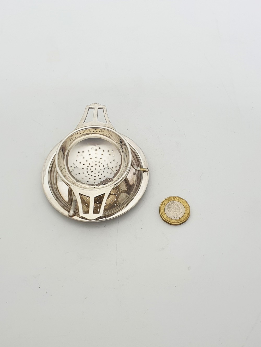 Pretty Antique Sterling Silver Tea Strainer with Drip Bowl - 1923 View VII