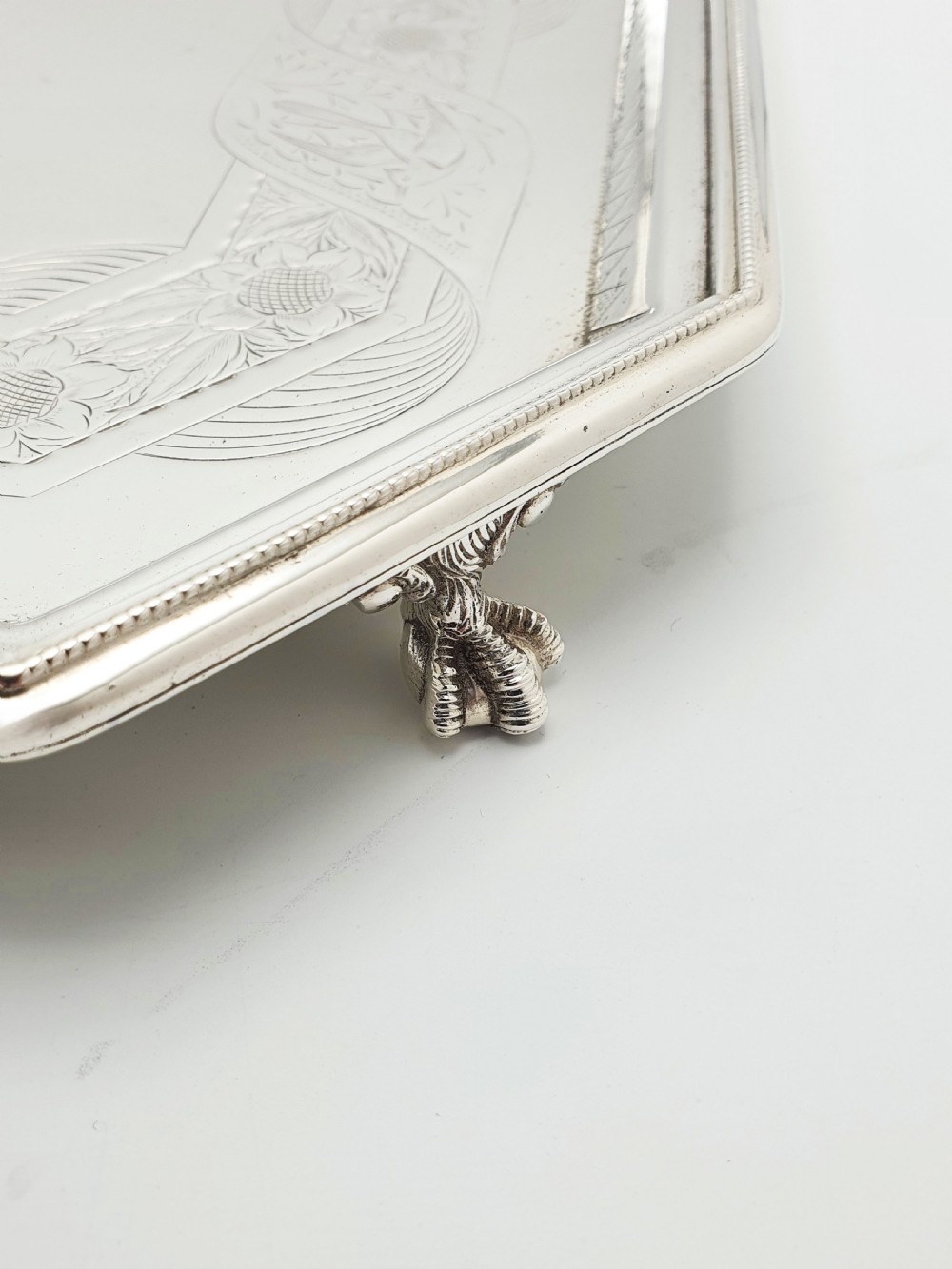 Nice Antique Oblong Silver-Plated Serving Tray with Delicate Floral Scrollwork – circa 1880 View II