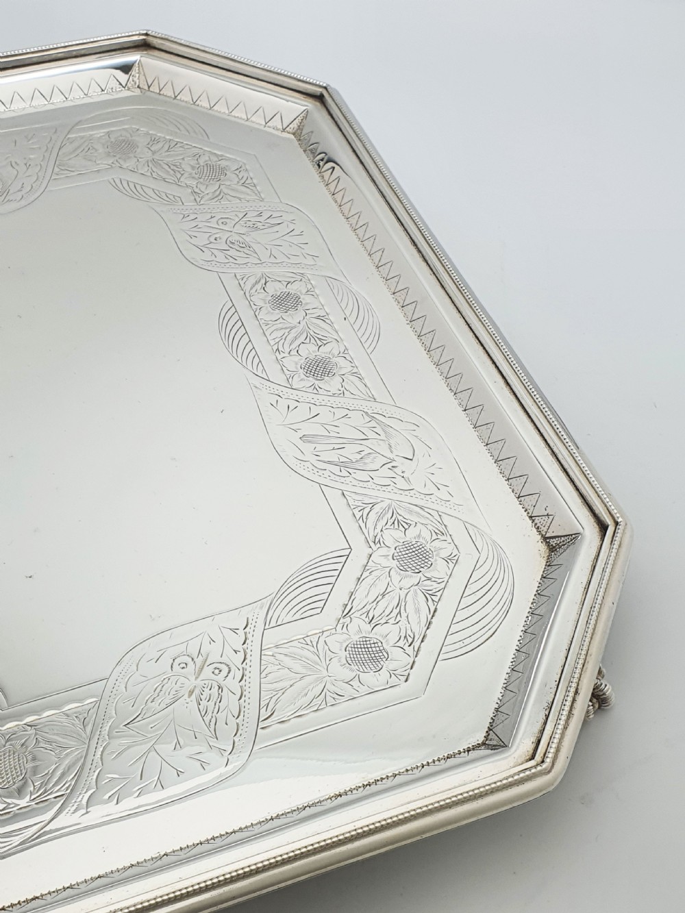 Nice Antique Oblong Silver-Plated Serving Tray with Delicate Floral Scrollwork – circa 1880 View III