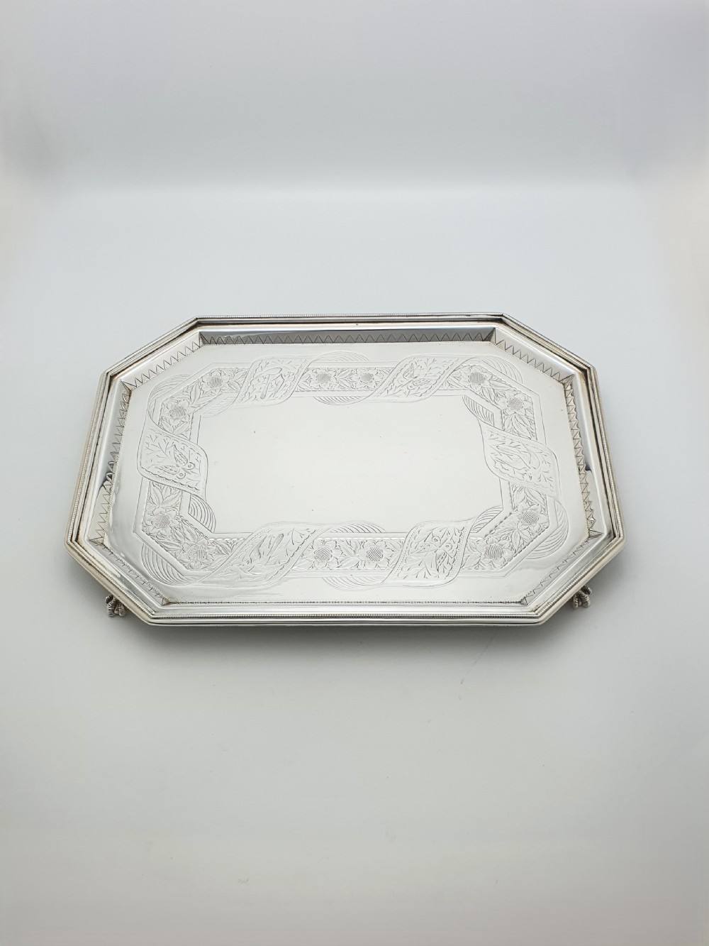 Nice Antique Oblong Silver-Plated Serving Tray with Delicate Floral Scrollwork – circa 1880 View IV