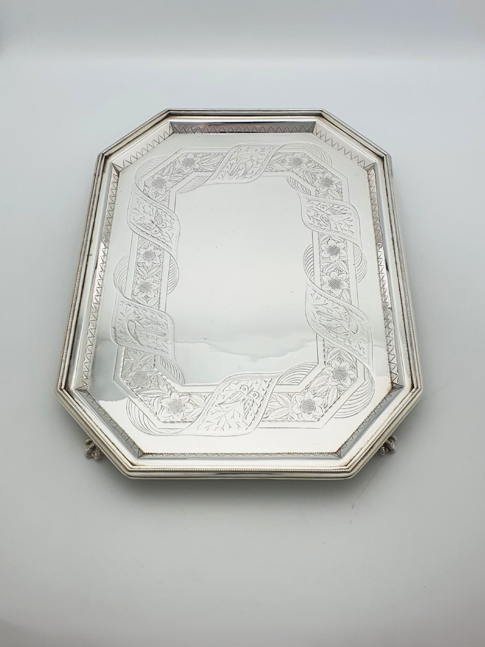 Nice Antique Oblong Silver-Plated Serving Tray with Delicate Floral Scrollwork – circa 1880 View V