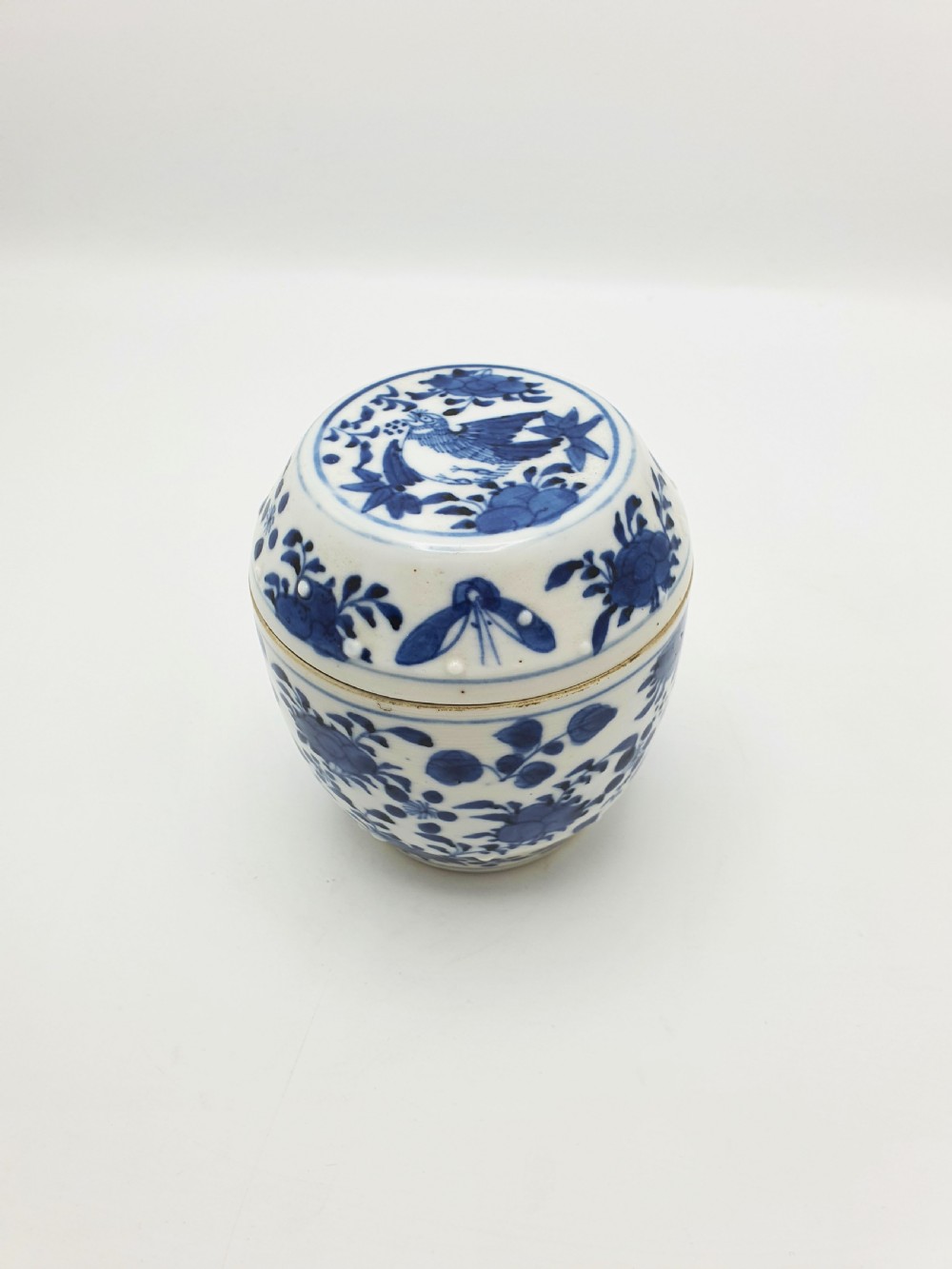 Antique Chinese Blue and White Covered Jar with Bird & Floral Motif – circa 1860