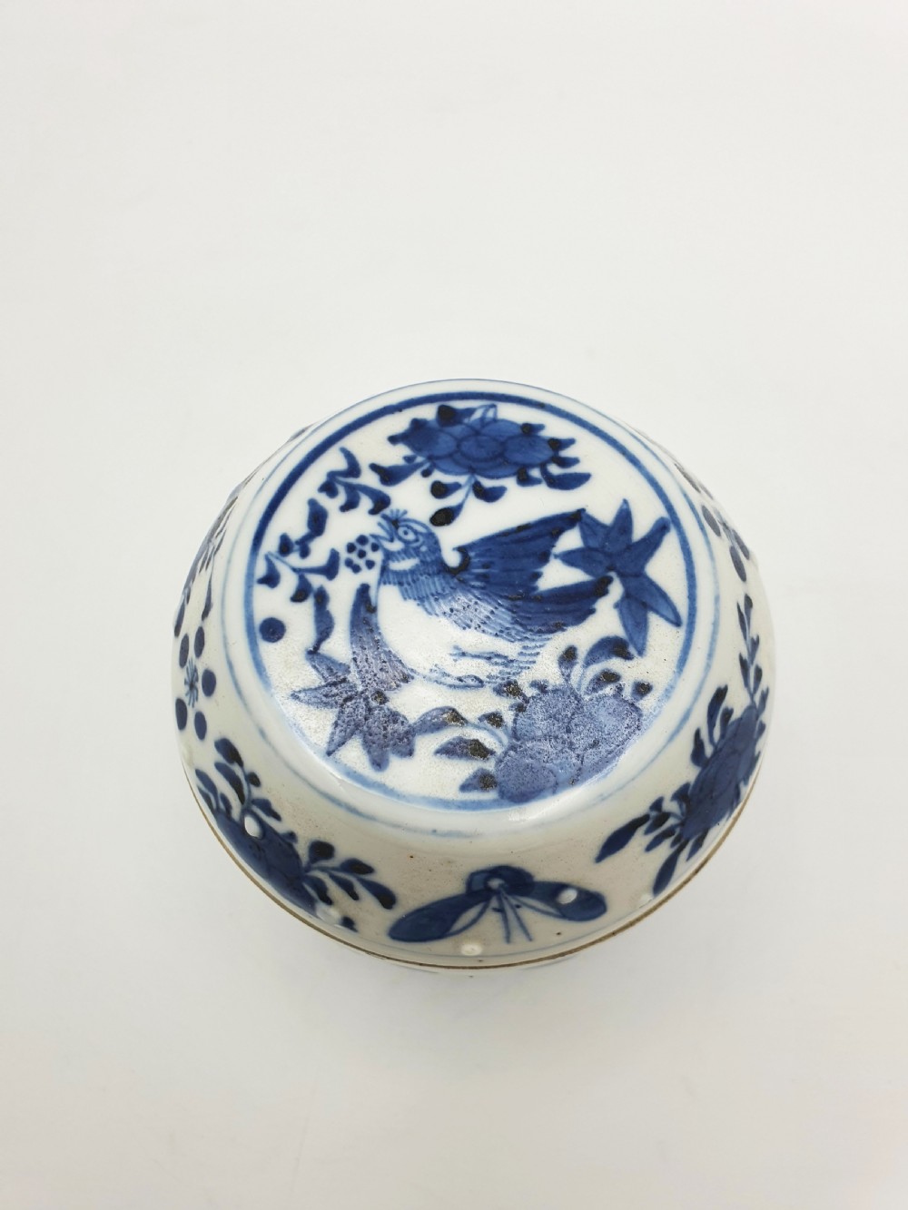 Antique Chinese Blue and White Covered Jar with Bird & Floral Motif – circa 1860 View II