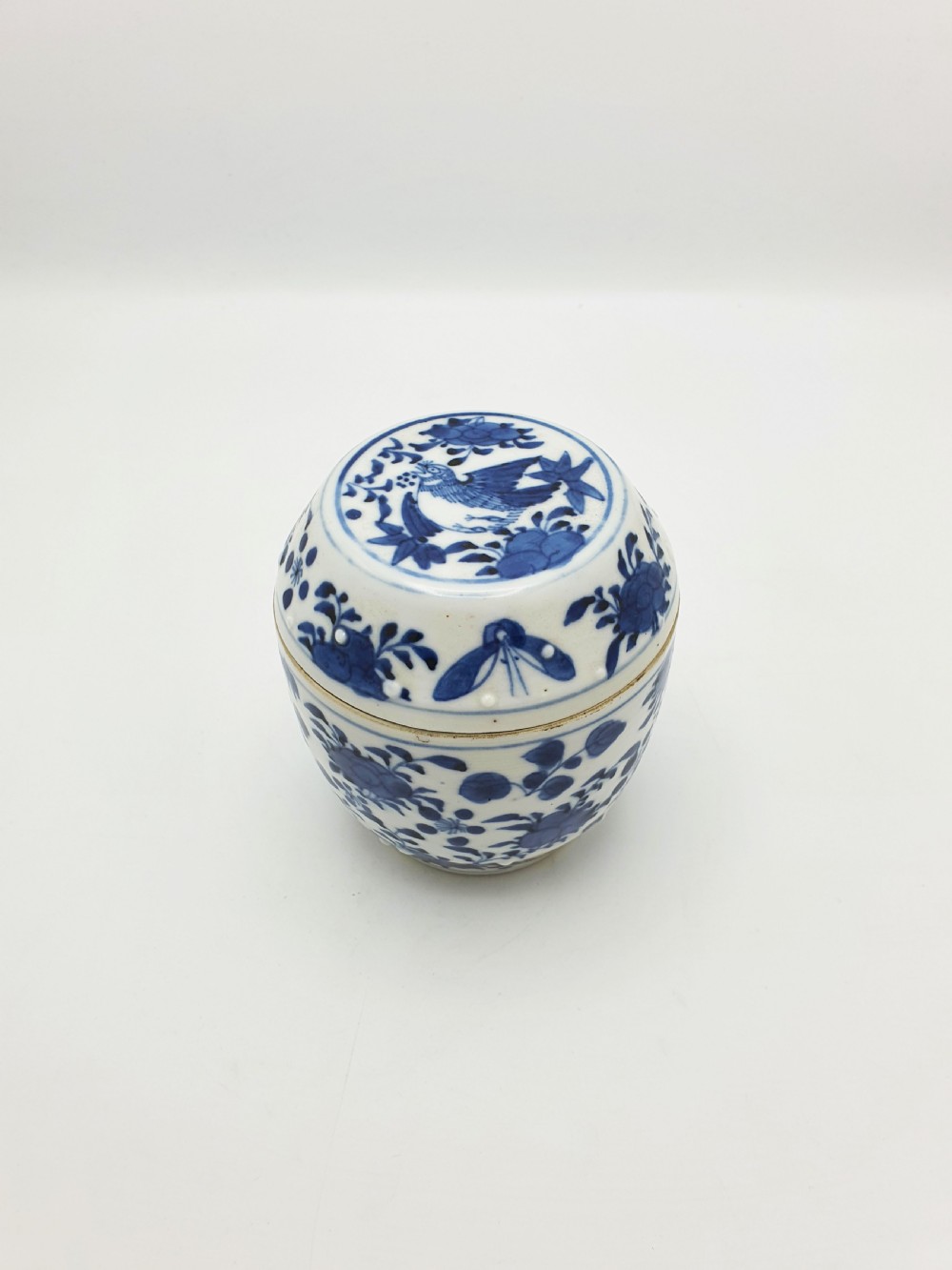 Antique Chinese Blue and White Covered Jar with Bird & Floral Motif – circa 1860 View III