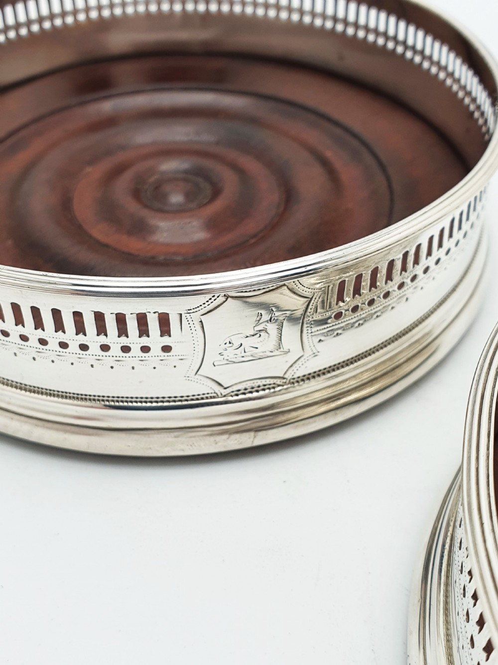 Pair of Antique Georgian Sterling Silver & Mahogany Wine Coasters – circa 1800 View III