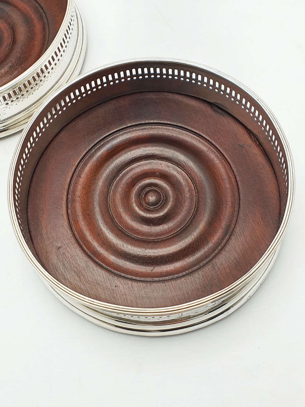 Pair of Antique Georgian Sterling Silver & Mahogany Wine Coasters – circa 1800 View V