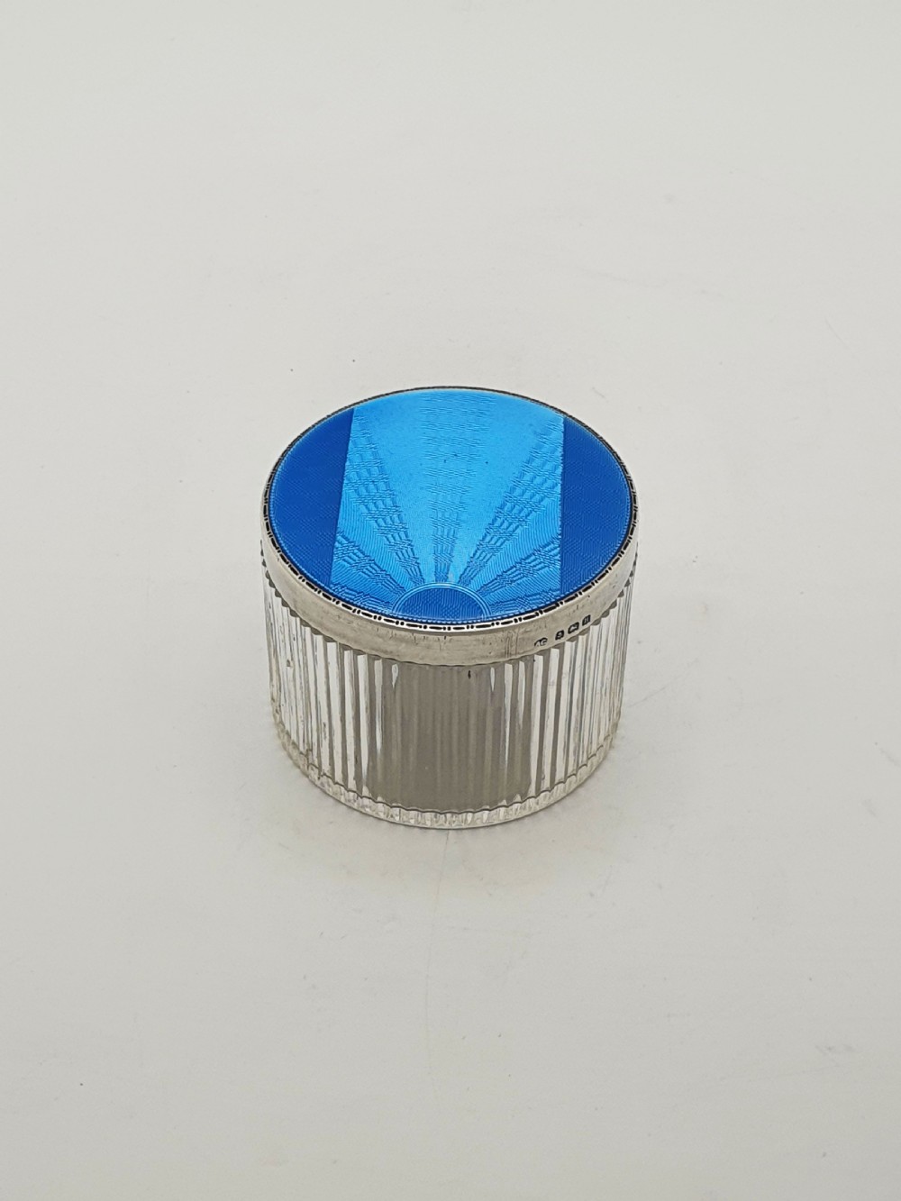 Stunning Art Deco Silver & Blue Guilloché Enamel Vanity Jar - 1932 View II